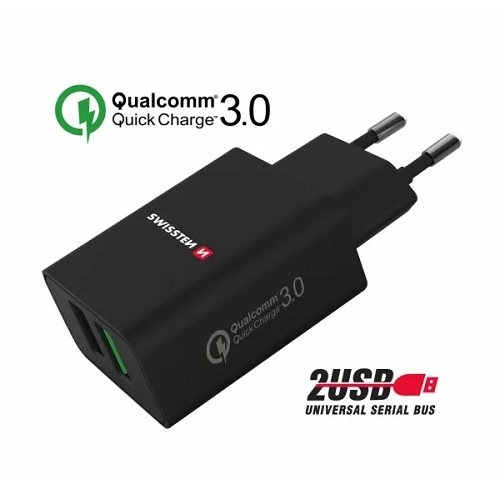 Swissten Travel charger 2x USB QC 3.0, USB 23W, black 