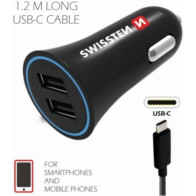 Swissten 2.4A Dual Port Car Charger + Type-C USB Cable 20110908  